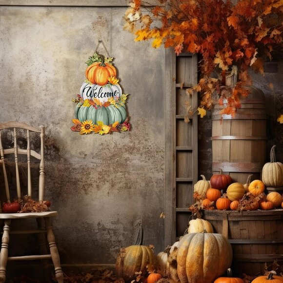 Fall Pumpkin Welcome Sign - Wooden Rustic Decorative Hanging Sign for Thanksgivi - Picture 6 of 6